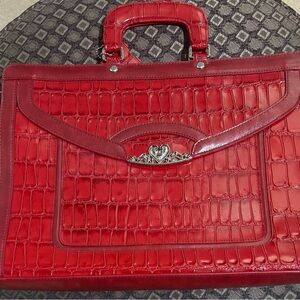 Red Crocodile-Embossed Laptop Bag with Glossy Finish